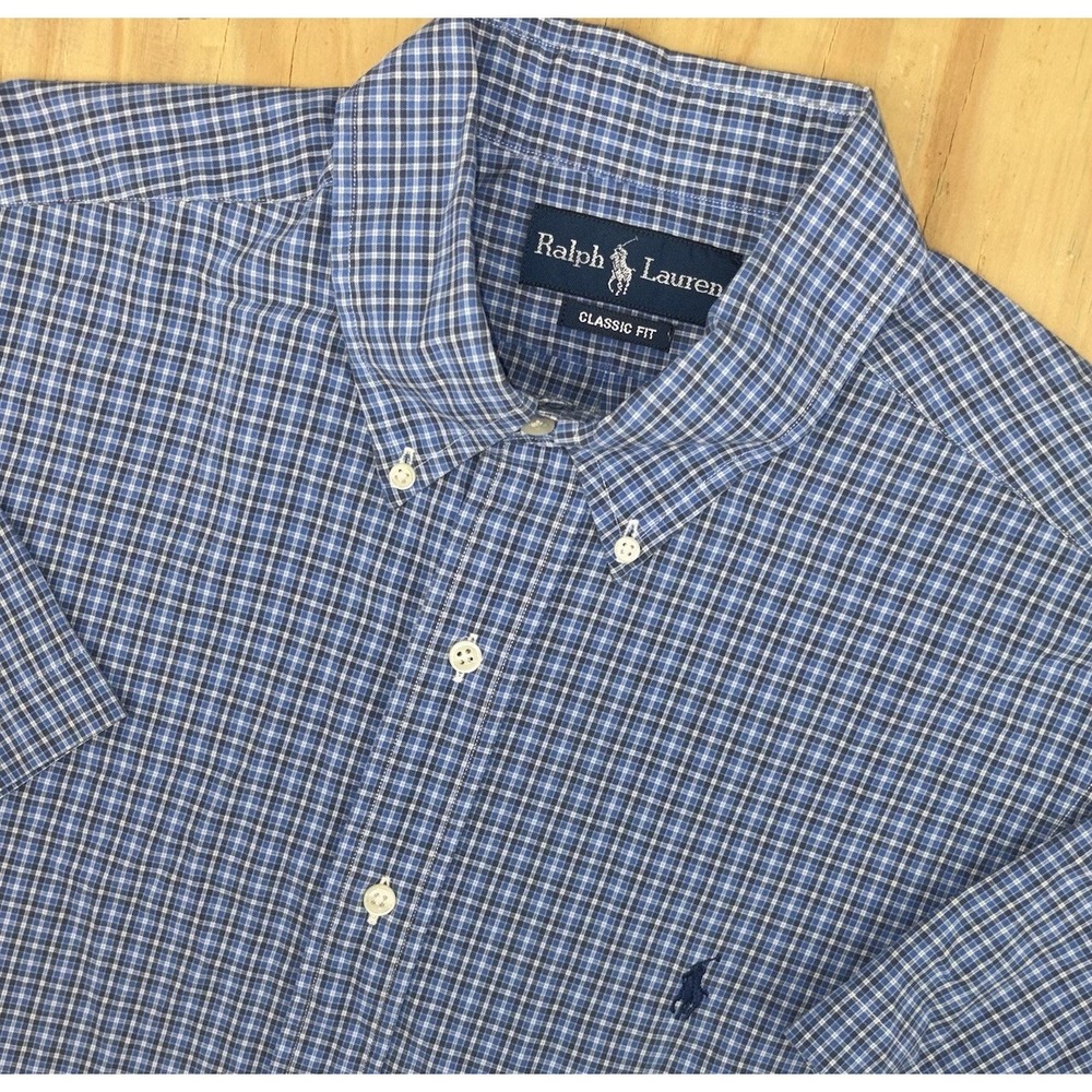 Polo Ralph Lauren Large Short‎ Sleeve Blue Plaid Button Down Classic Fit